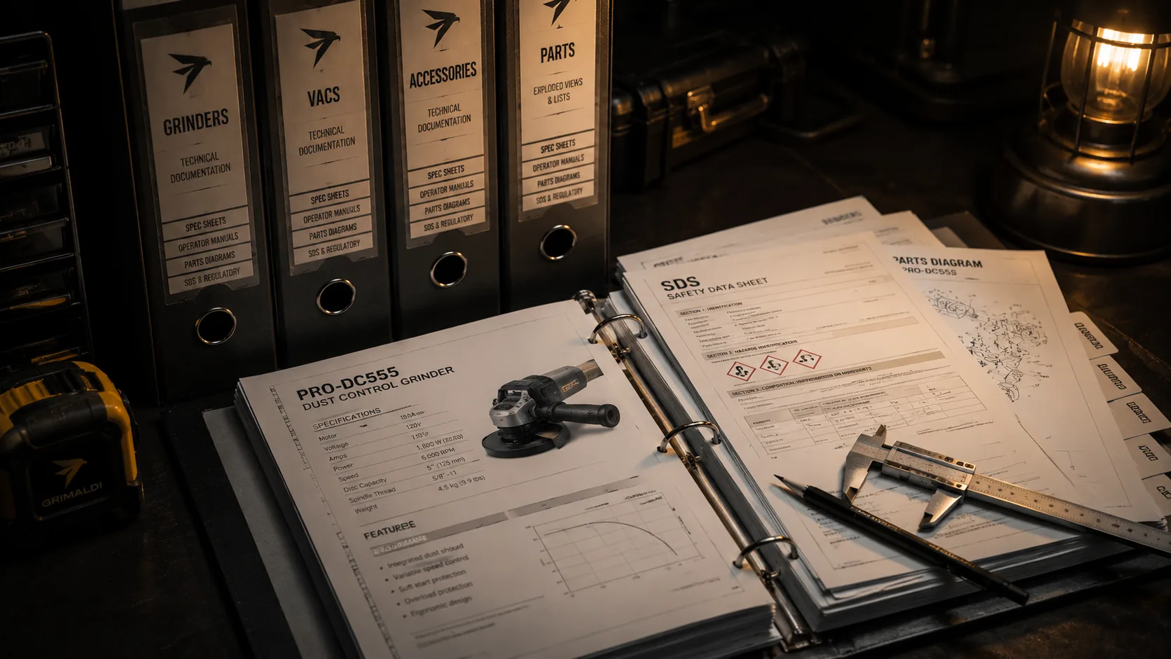 Binders of spec sheets, operator manuals, parts diagrams and safety data sheets open on a desk