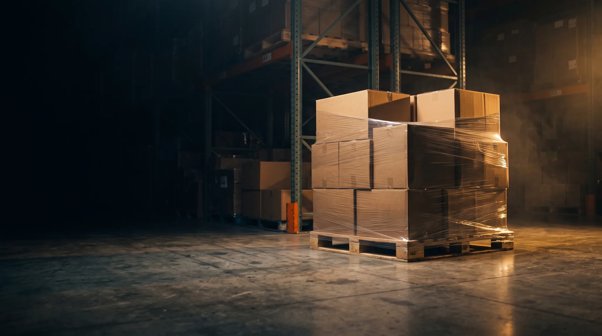 Shrink wrapped pallet of cartons ready to ship in a warehouse aisle