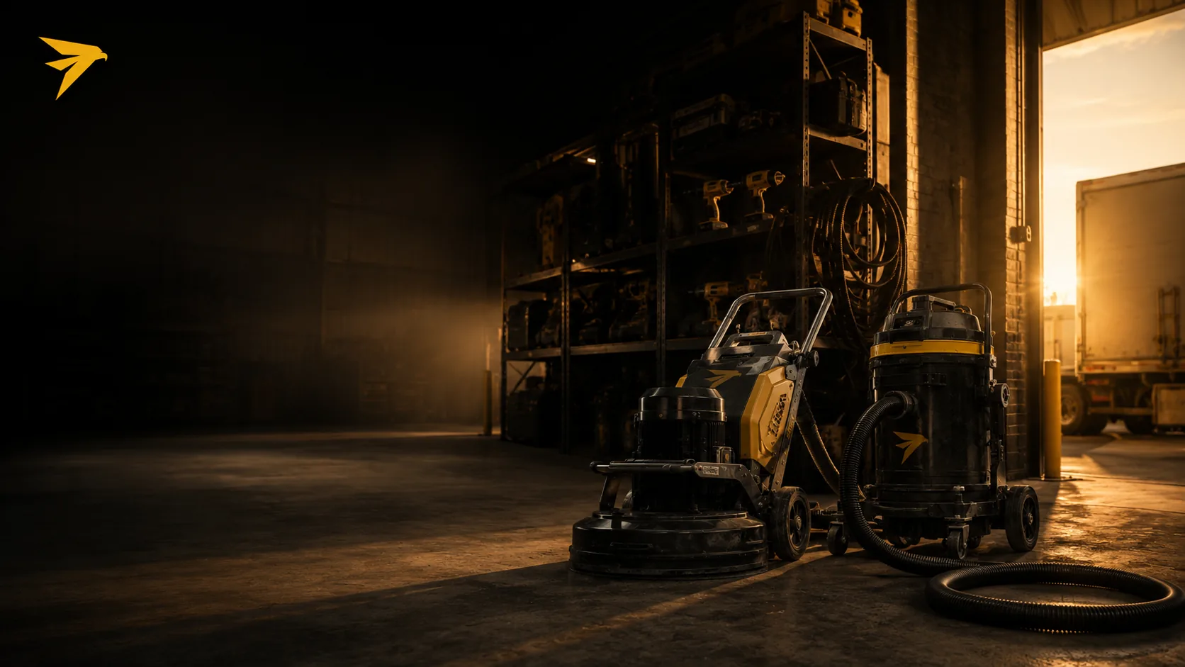 Concrete floor grinder and industrial dust extractor on a warehouse floor, with tool shelving and an open loading dock behind