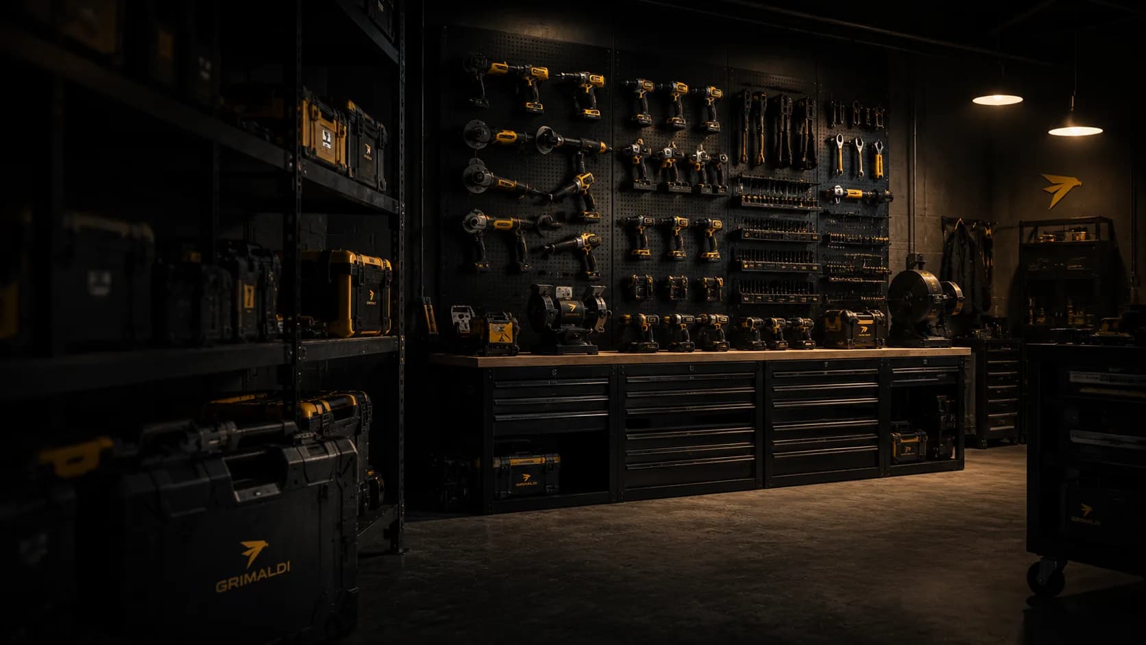 Tool wall and workbench stocked with Grimaldi power tools, grinders and tool cases